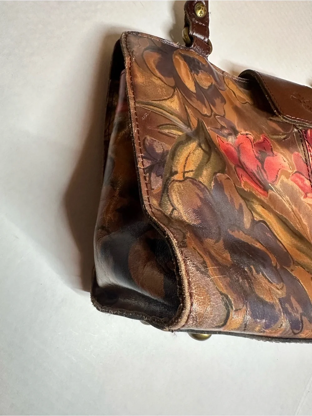 Patricia Nash Brown Hand-Painted Floral Shoulder Bag with Red Accents